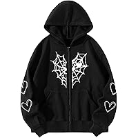 Oversized Y2K Zip Up Hoodie for Women Men Gothic Spider Web Heart